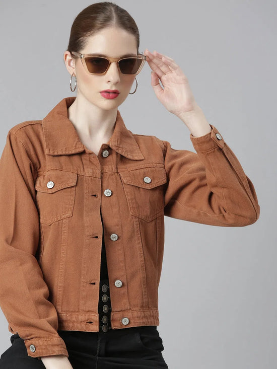 Women Camel Brown Solid Denim Jacket-GZ-5598-Camelbrown