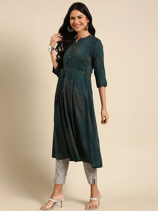 Women's Teal Printed Anarkali Kurta-DF-1394-Teal