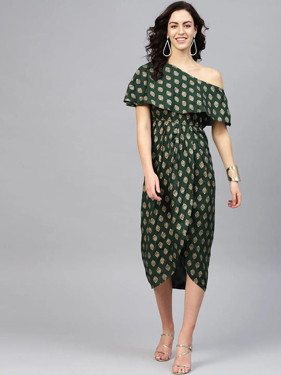 One Shoulder yoke overlap printed dress in Bottle Green