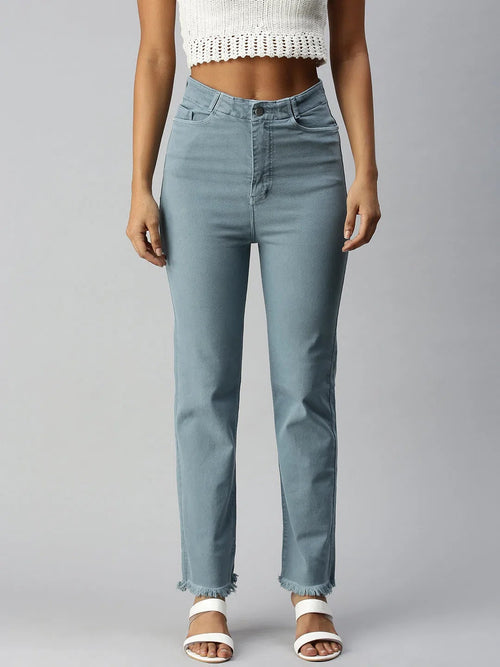 Women's Blue Solid Denim Relaxed Jeans-IM9708-Blue