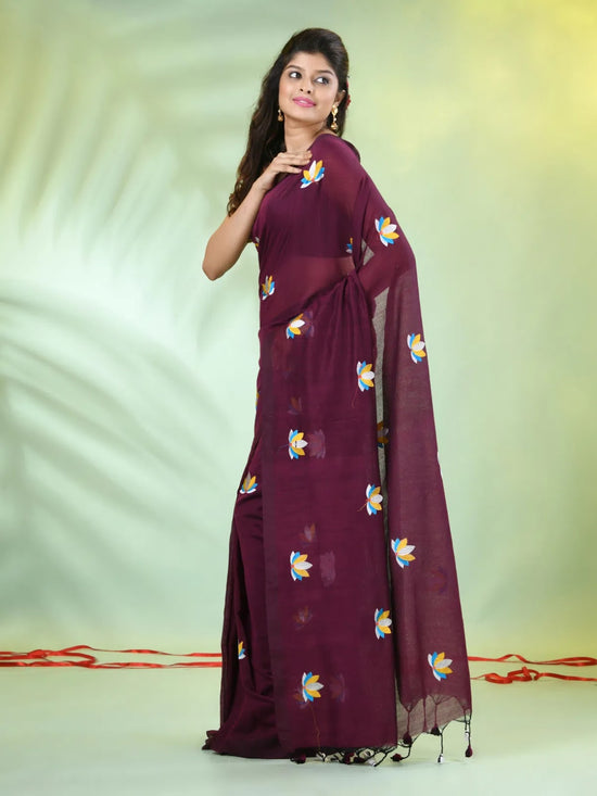 All Over Thread Embroidery Purple Cotton Handspun Saree-MA62CH33660046