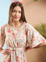 Women Cream Floral Belted Short Dress