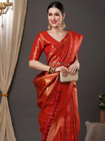 Saree Mall Women's  Blend Red Woven Design Designer Saree With Blouse Piece-15ALEKHA1501