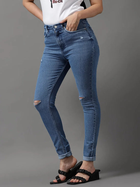 Women's Blue Solid Slim Fit Denim Jeans-GZ-5156-1-Blue