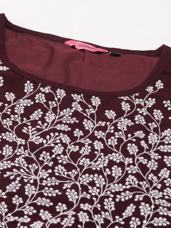 Women's Red Embroidered A-Line Kurta-SKC-7903-Burgundy