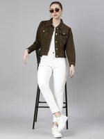 Women Brown Solid Denim Jacket-GZ-5598-Brown