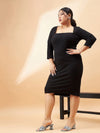 Women Black Rib Square Neck Dress