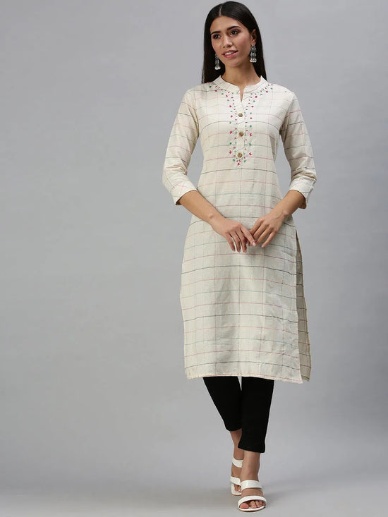 Women's Beige Checked Straight Kurta-SS371-Cream