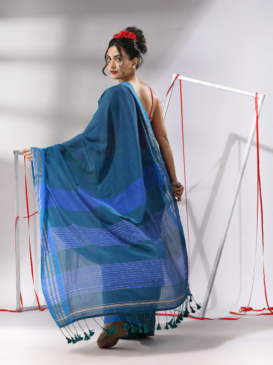 Peacock Blue Cotton Saree With Zari Stripes Pallu-MA55CT06520030