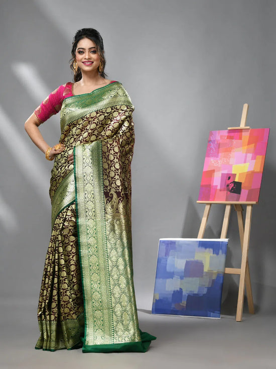 Dark Chocolate Silk Banarasi Saree With Zari Woven Designs-MA52BSL441050029