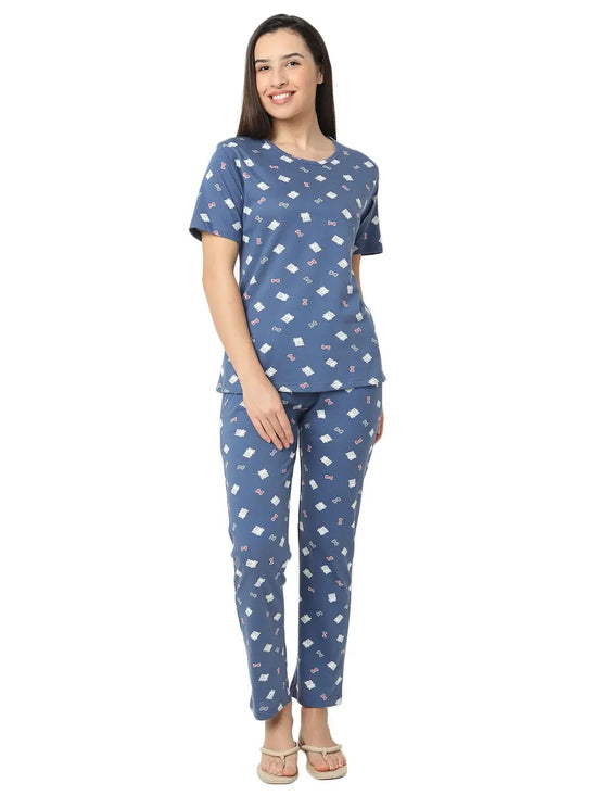 Smarty Pants Women's Cotton Lycra Blue Color Teddy Print Night Suit