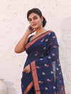 Navy Blue Cotton Saree With Zari Border-MA54BCT041380032