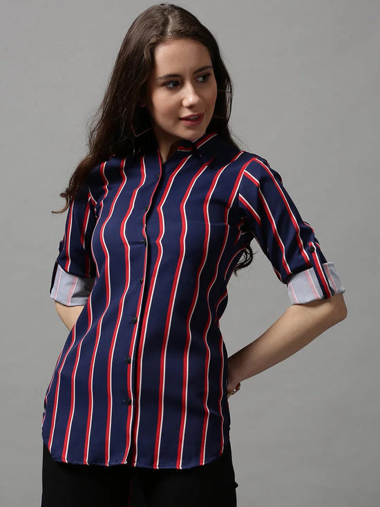 Women's Blue Striped Longline Shirt-AE-10420-Navyblue