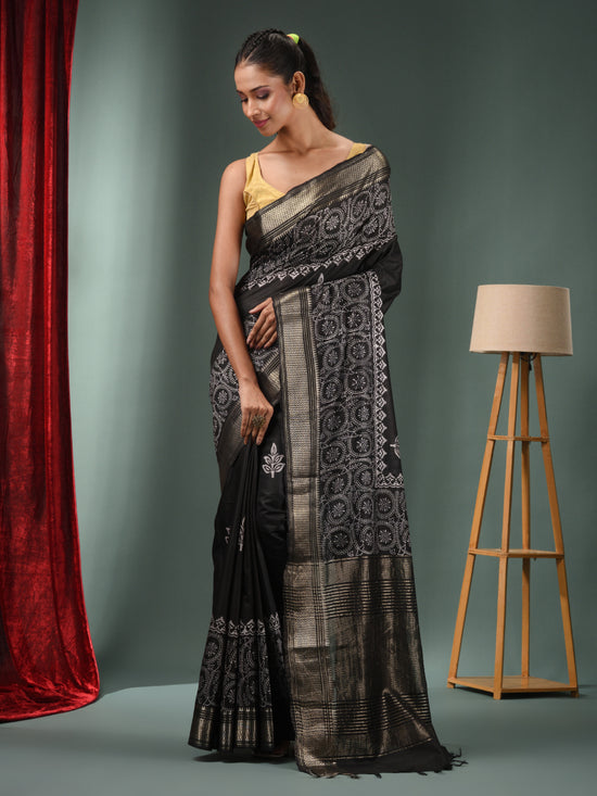 Black Blended Silk Handwoven Saree With Woven Zari Border-MA50BSL34830117