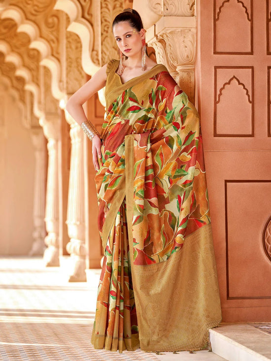 Saree Mall Women's Cotton Blend Rust Printed Designer Saree With Blouse Piece-NITRA205