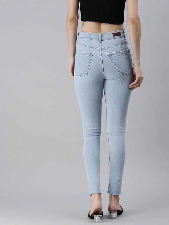 Women's Blue Solid Denim Skinny Jeans-GZ-5157-A-Blue