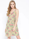 Overlap Rose Printed Dress with side tie up in Beige