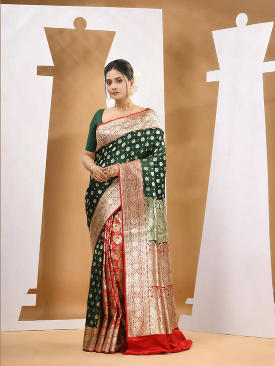 Deep Green Katan Silk Banarasi Saree With Ethnic Motifs And Woven Designs-MA53KA441380031