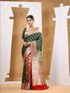 Deep Green Katan Silk Banarasi Saree With Ethnic Motifs And Woven Designs-MA53KA441380031