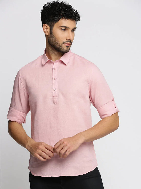 Men Pink Solid Shirt Collar Casual Short Kurta-LAGOM-2014-Pink