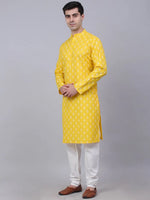 Men Lemon and White Floral Printed Kurta with Churidar-JOKP-650Lemon