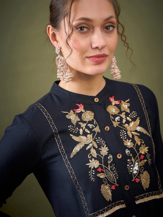 Women Black Front Yoke Embroidered Shirt With Palazzos