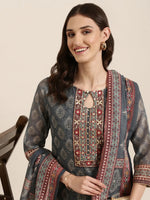 Women Grey Printed Kurta Set-BCSK-1574-Grey