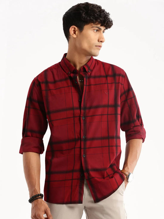 Men Maroon Spread Collar Windowpane Checks Shirt-HEPTAGON-2036-Maroon