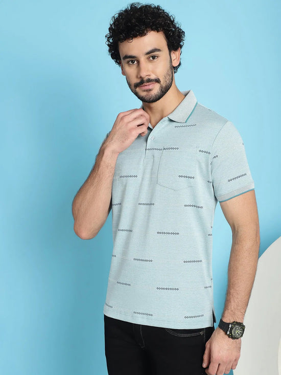 Venitian Men All Over Printed Aqua Green Premium Cotton Polo Neck T-shirt With Pocket