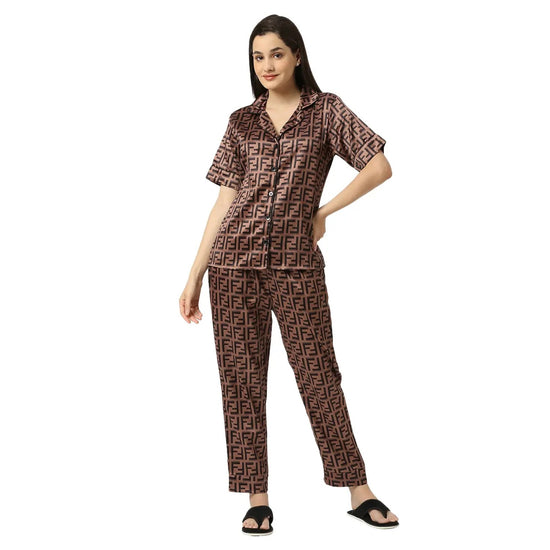 Smarty Pants Women's Silk Satin Chocolate Brown Color Aztec Printed Night Suit-SMNSP-882-S