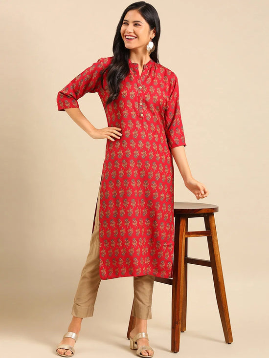 Women's Red Printed Straight Kurta-GW-500-2-Red