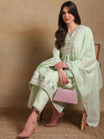 Ahika Women Green Rayon Embroidered A-Line Kurta Pant Set