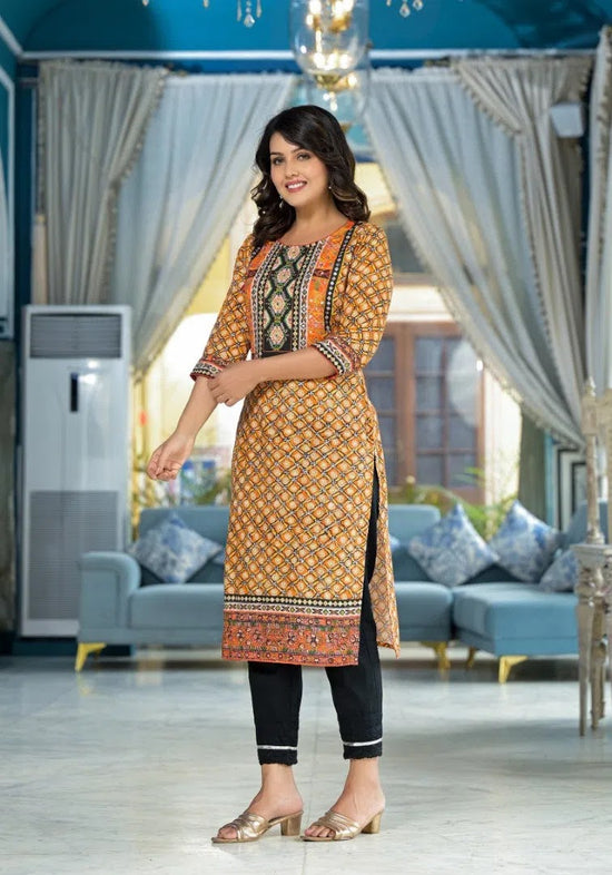 Mustard Ethnic Motif Printed Liva Rayon Kurta With Sequins & Gota Patti Work-J4663MUSTARD