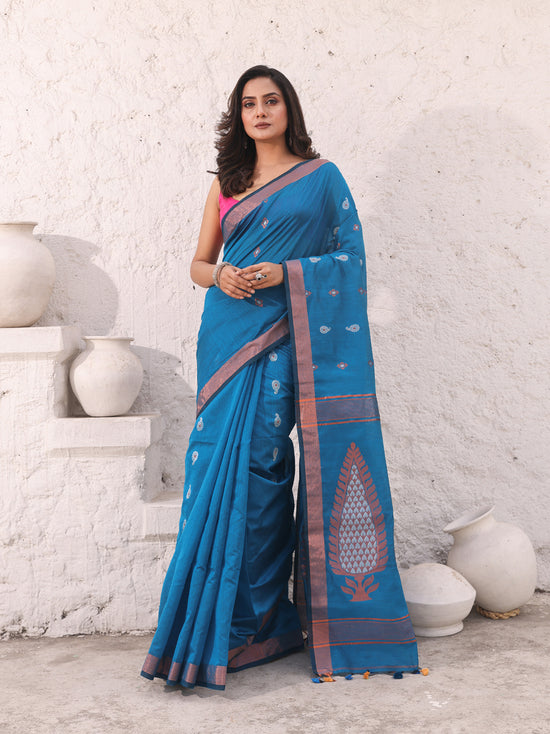 Sky Blue Cotton Saree With Woven Designs And Zari Border-MA54BCT041380041