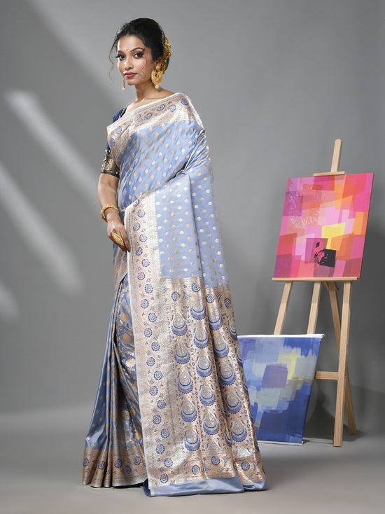 Cornflower Blue Katan Silk Banarasi Saree With Ethnic Motifs And Zari Woven Designs-MA52KA441380077