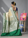 Ecru And Green Katan Silk Banarasi Patli Pallu Saree With Ethnic Motifs And Zari Woven Designs-MA52KA441380064