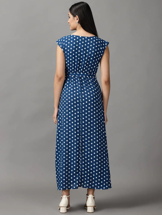 Women's Blue Polka Dots Fit and Flare Dress-AE-15690-Teal