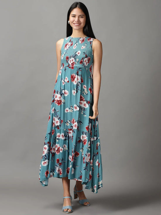 Women's Blue Floral Fit and Flare Dress-AE-15736-Teal