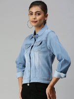 Women's Blue Solid Denim Jacket Jackets-LT-JKT105372C-Blue