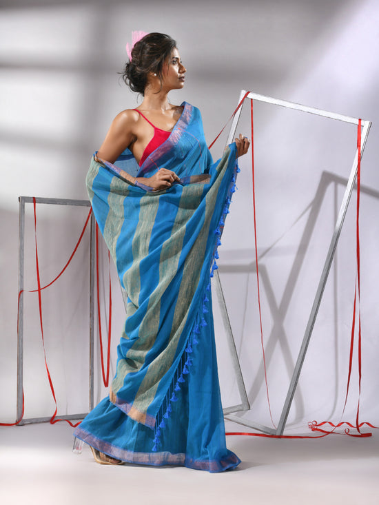 Blue Cotton Saree With Sequined Work-MA55CT06540005