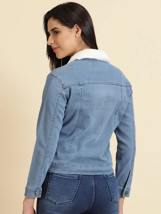 Women's Blue Solid Denim Jacket-LT-JKT-0105461-Blue