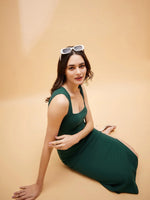 Women Emerald Green Square Neck Midi Slit Dress