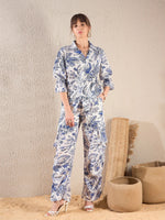 Women Blue Floral Tie Shirt With Ruched Cargo Pants