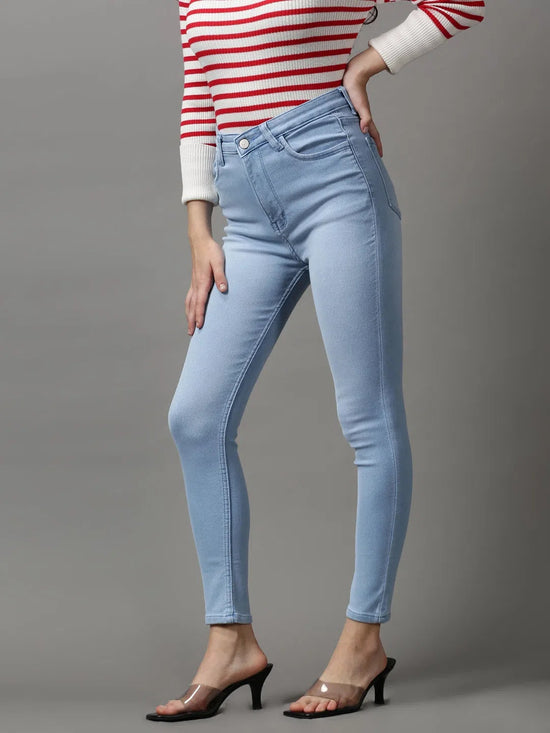 Women's Blue Solid Skinny Fit Denim Jeans-GZ-5349-Blue