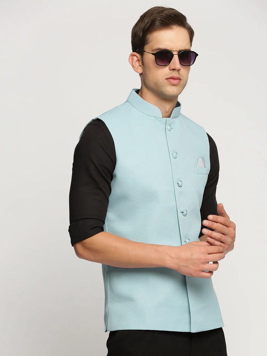 Men Blue Mandarin Collar Solid Nehru Jacket-AK-12527-12-Blue