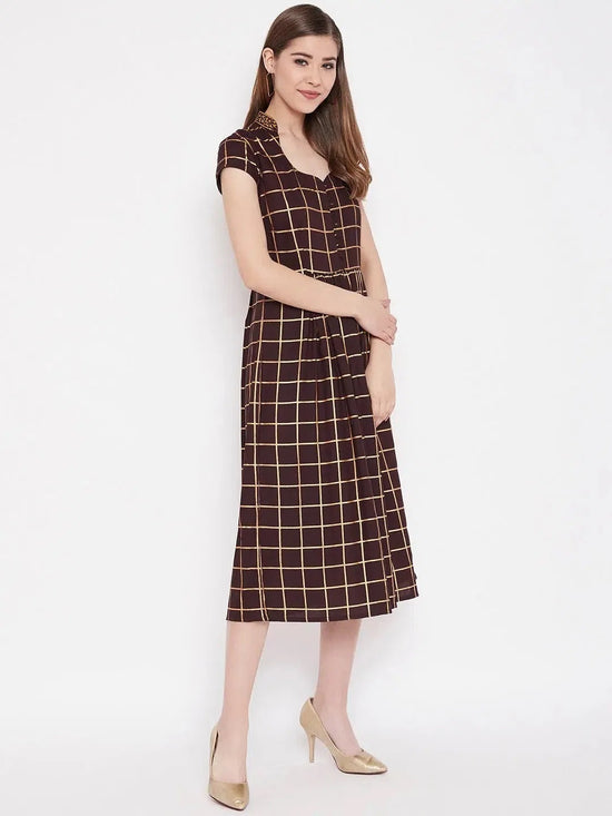 Midi Flare Dress with front loops in Brown