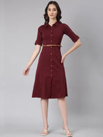 Women Maroon Solid Shirt Dress-DF-4698-Maroon