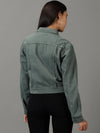 Women's Green Solid Denim Jacket-IM-10375-Green