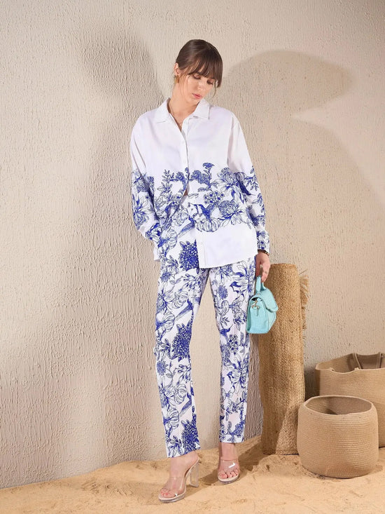 Women Blue Floral Oversized Shirt With Tapered Pants