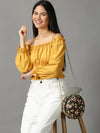 Women's Mustard Solid Cinched Waist Crop Top-GF-630-Mustard